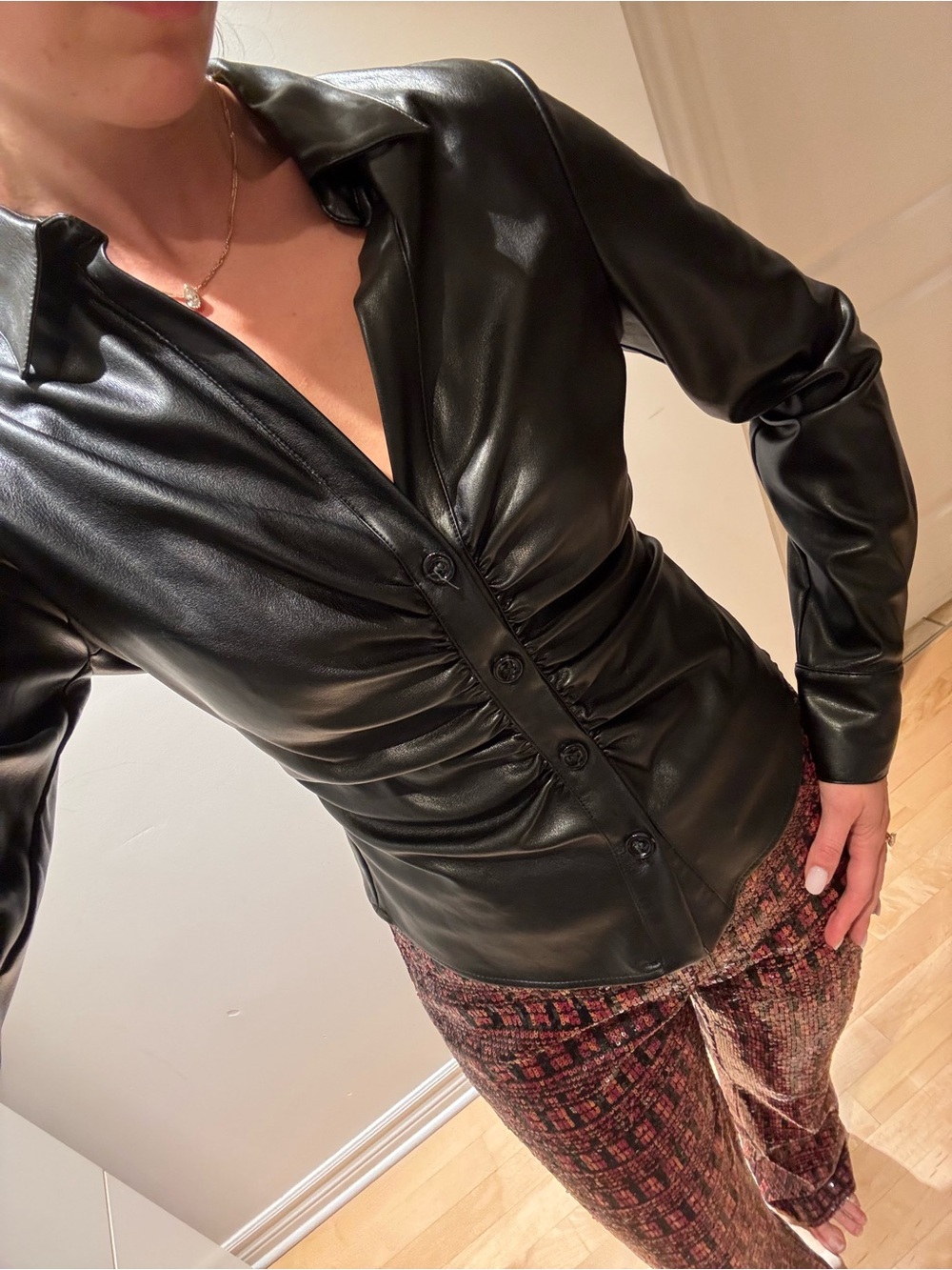 Zara Black Faux Leather Ruched Button-Front Jacket